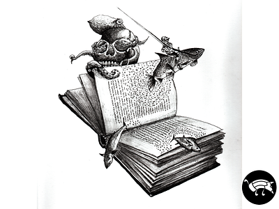 Hidden stories booklover fantasy fineliner fish handmade illustration ink drawing knight octopus pencildog skull
