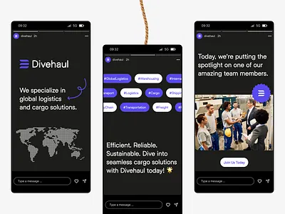 Divehaul - Global Logistics and Cargo Solutions Social media black branding cargo graphic design logistics modern posts purple shipment social media solutions stories