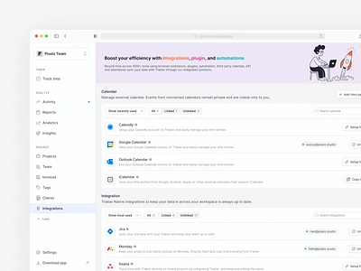 SaaS Dashboard in Time Tracker App calendar calendly cards clean dashboard dashboard light mode integration jira light minimal plugins saas third party app time tracker tracker ui ux