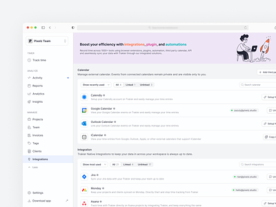 SaaS Dashboard in Time Tracker App calendar calendly cards clean dashboard dashboard light mode integration jira light minimal plugins saas third party app time tracker tracker ui ux