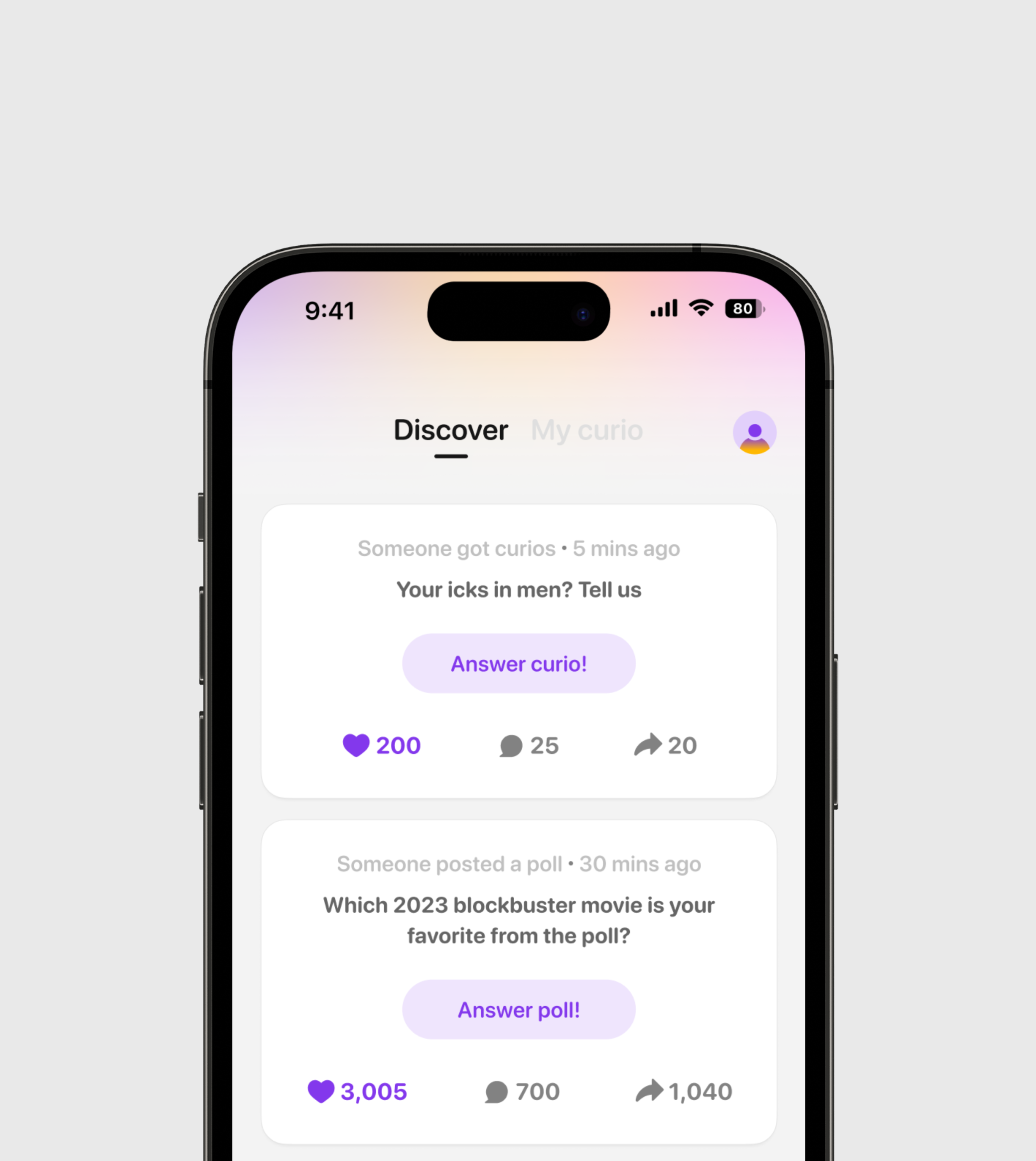 New Curio Discover Screen app design discover food genz graphic design inspiration mobile app screen shots ui