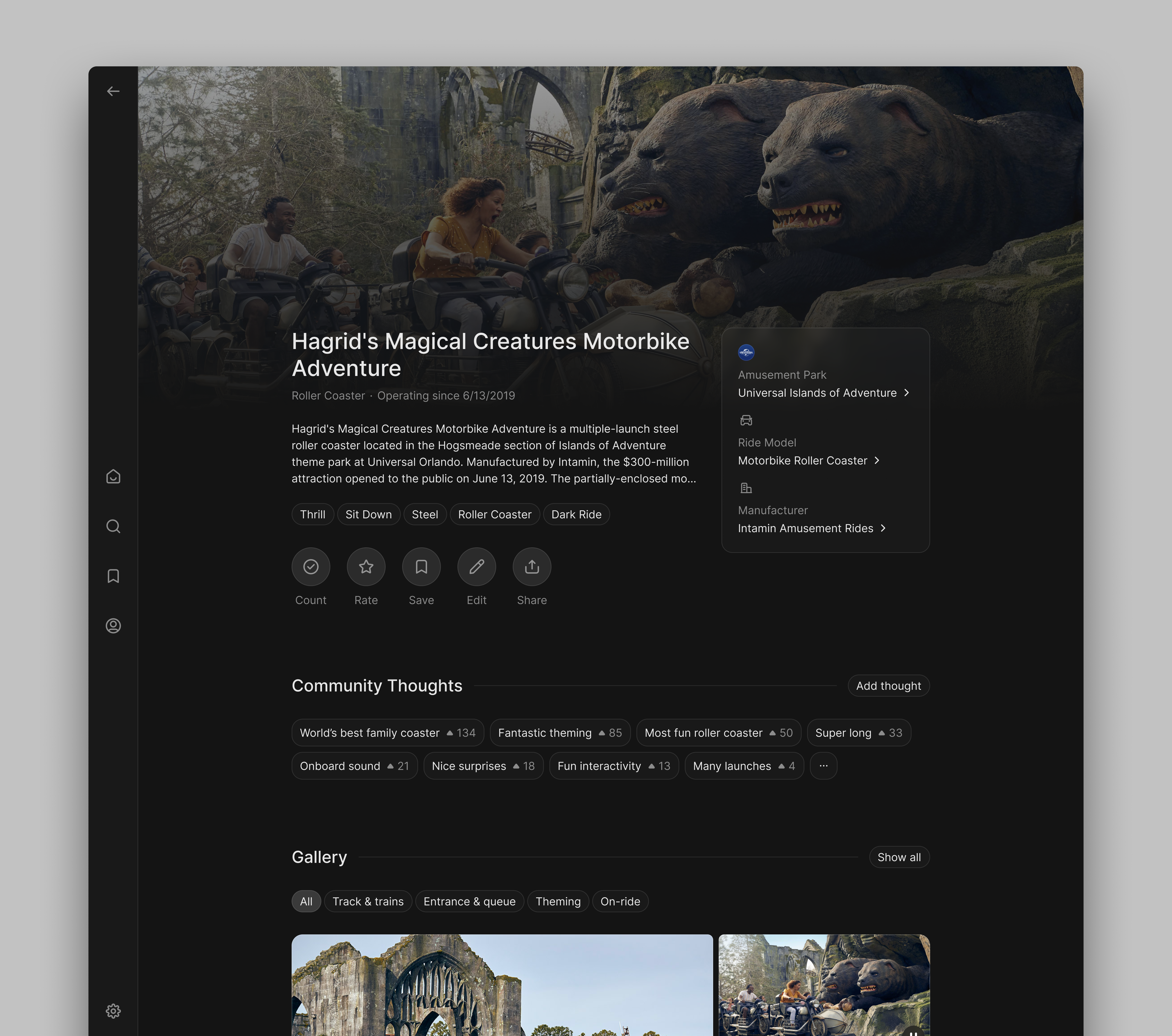 Amusement Park Web App amusement park clean inter minimal navigation rail product detail roller coaster theme park typography ui web app