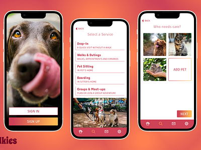 Walkies: For Dogs and Dog Lovers alike dog walking app student work ui ux