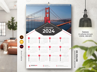 1-Page Wall Calendar 2024 Template branding graphic design one page wall calendar 2024