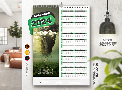 1-Page Wall Calendar 2024 Template branding graphic design one page wall calendar 2024