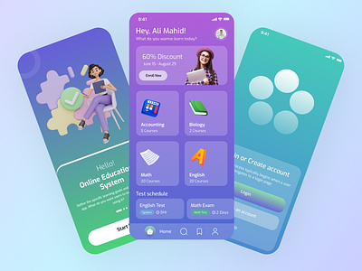 Online Learning Apps 3d colorful ui course app enroll now gradient mobile app gradient theme home page intro learning app log in log out mobile app designer online online educational online learning platform sign in sign up student uiux welcome screen