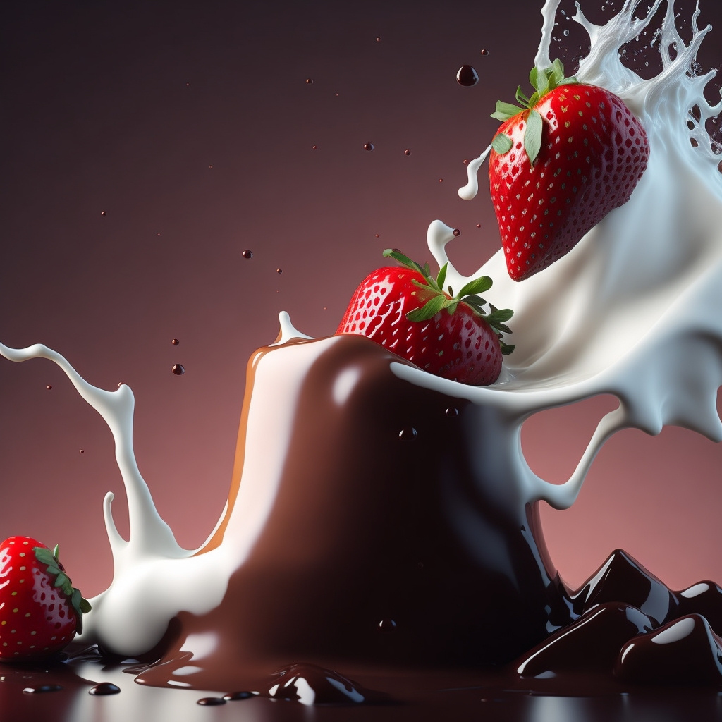 Milk Splash With Chocolate and Strawberry 3d 3d art ai art cgi chocolate colorful dairy drink food fresh fruit healthy liquid milk milk splash motion graphics organic splash strawberry visualization