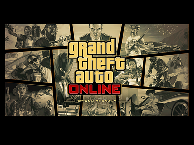 Grand Theft Auto Online - 10th Anniversary 10 years 2d anniversary artwork banding challenge cover design golden grand theft auto graphic design gta gta online illustration logo online rockstar games wallpaper