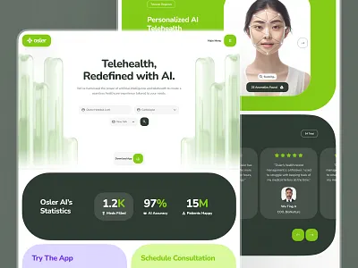 osler: AI Telehealth & Telemedicine Website | Platform Page UIUX abstract 3d data clean doctor booking doctor website face scan green health data healthcare healthcare ai healthcare landing page landing page minimal online doctor telehealth telehealth ui telehealth website telemedicine ui kit virtual care web design