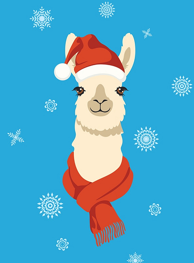 Cute llama in red scarf and hat alpaca animals cartoon christmas design graphic design home decor illustration llama poster print redbubble snowflakes tshirt vector xmas