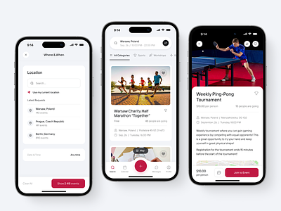 Events App Concept app design event event app events events list figma filter location marathon mobile mobile app ping pong search tournament ui uiux ux