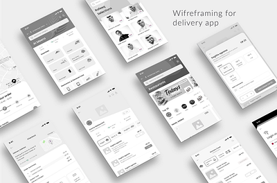 Wireframe for Delivery app android application booking cards deliveryapp icons illustration iphone15 list map prototyping ui design ux design wireframing