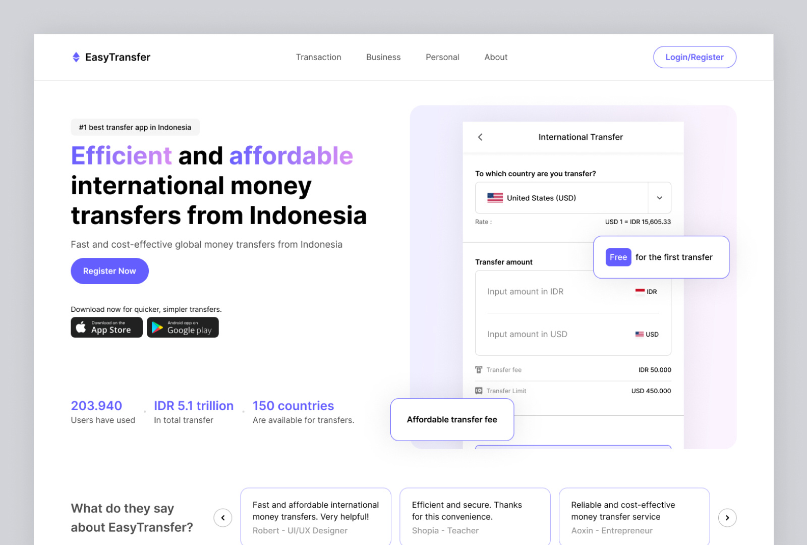 International Transfer - Landing Page banking clean exchange rate finance hero landing page minimalist transfer app ui ui inspiration uidesign ux webpage website website design