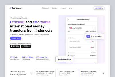 International Transfer - Landing Page banking clean exchange rate finance hero landing page minimalist transfer app ui ui inspiration uidesign ux webpage website website design