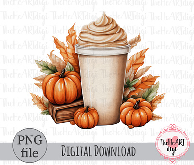 Pumpkin Latte Coffee Sublimation PNG, Autumn Coffee Cup PNG autumn autumn t shirt coffee coffee shake fall fall t shirt graphic design hand drawn hand painting illustration pumpkin coffee pumpkin latte pumpkin spice sublimation sublimation png t shirt t shirt design watercolor watercolor illustration