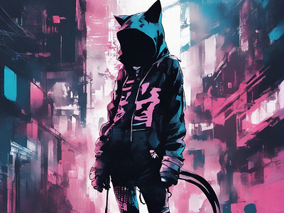 Cyber Pawtrait cat catgirl citylife cyberpunk digital illustration digital painting fasion furry futuristic hoodie neko neon neonlights portrait punk scifi silhouette streetart streetwear