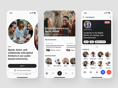 Circle - The audio-based social media platform app design audio based audio speakers clubhouse conference app detail google meet home page live streaming meeting meeting app minimalist mobile mobile design onboarding online meet platform ui concept