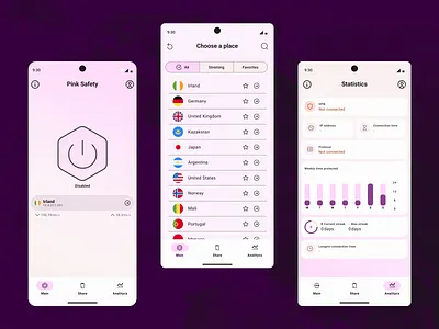 VPN - Case study app application branding casestudy countries design figma figmafile free materialdesign mobile mobiledesign mockups pink purple safe typography ui ux vpn