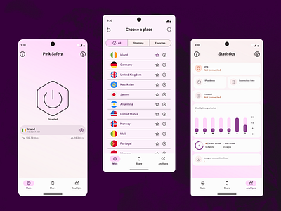 VPN - Case study app application branding casestudy countries design figma figmafile free materialdesign mobile mobiledesign mockups pink purple safe typography ui ux vpn