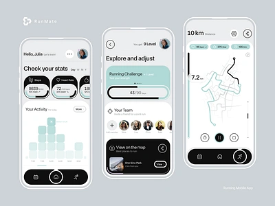 RunMate - App Design app design body daily intake flutter health ios map marathon mobile modern design navigator route running saas sports sports supplements startup track ui ux web design