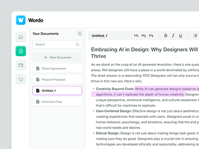 Wordo - AI Writing Assitant Dashboard ai artificial intelligence clean dashboard dashboard ai document editor grammarly paraphrase prompt rewrite text ai text editor ui uidesign uidesigner uiux userinterface writing writing ai