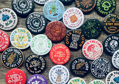 OUTTA THIS TOWN BUTTON BADGES aliens artwork badges branding clothing clothing brand coffee creative design diy do it yourself graphics lifestyle mushrooms music pins punk rock shaka vintage badge vinyl
