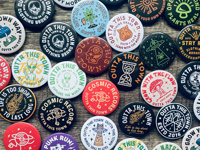 OUTTA THIS TOWN BUTTON BADGES aliens artwork badges branding clothing clothing brand coffee creative design diy do it yourself graphics lifestyle mushrooms music pins punk rock shaka vintage badge vinyl