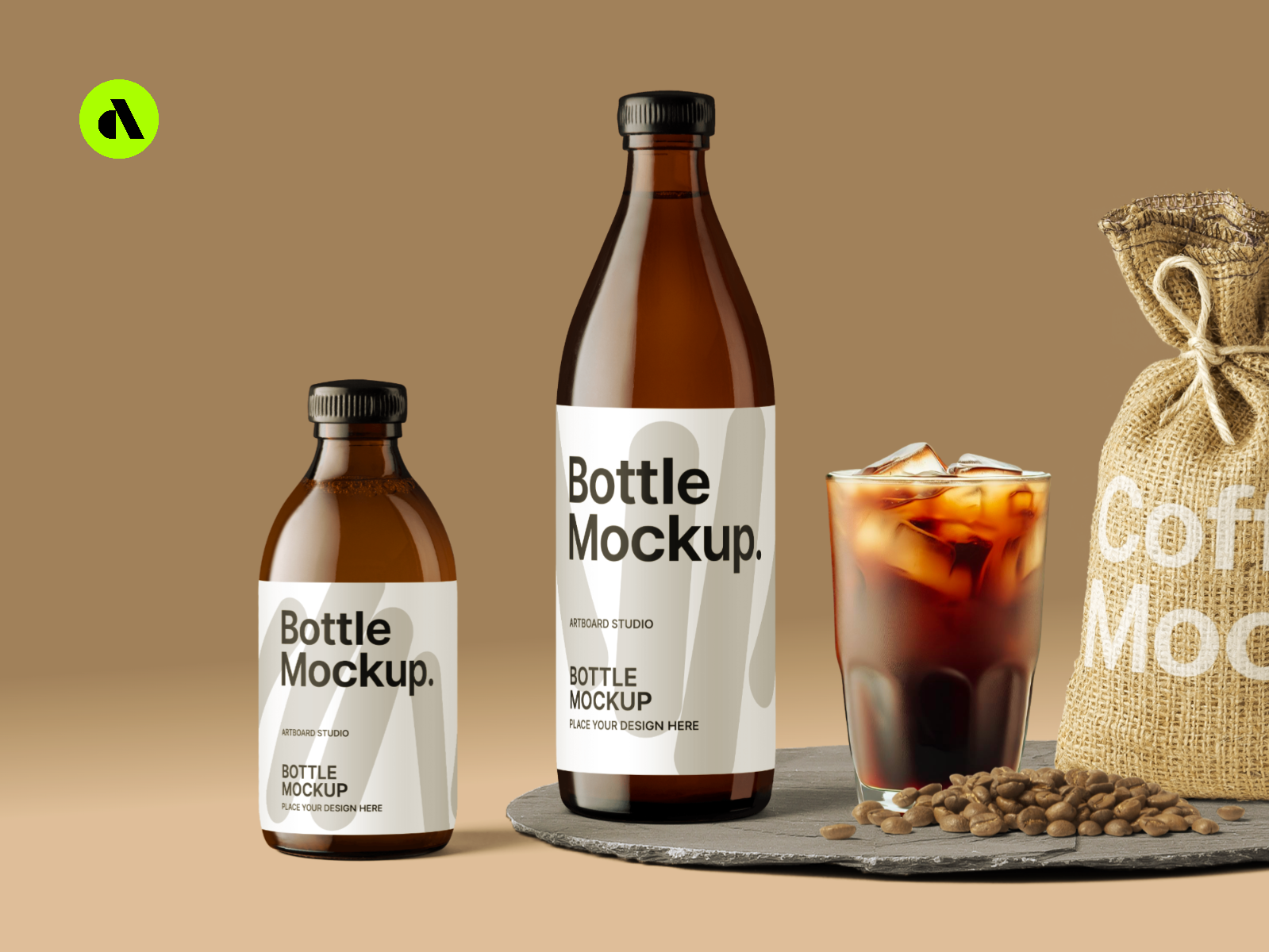 Bottle Mockup With Amber Glass Cold Brew And Coffee Beans artboard studio bottle mockup branding design free free bottle mockup free mockup graphic design illustration logo mockup ui