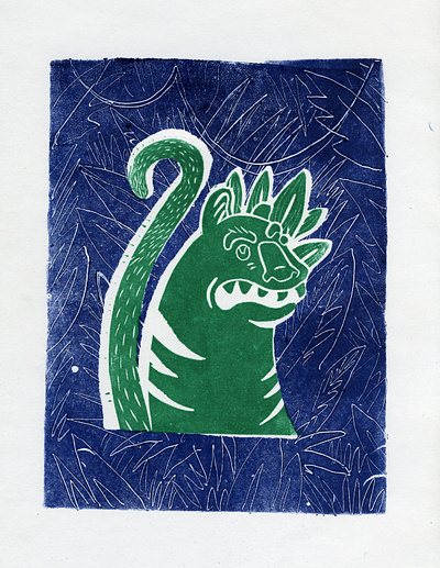 Tiger linocut + monotype blockprint hand printed illustration linocut monotype