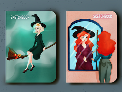Halloween Sketchbook Covers. Illustrations. Witches broom character character concept character design cover design design digital 2d fortune telling graphic design halloween illustration mirror ride a broom sketchbook sketchbook design witch witchcraft