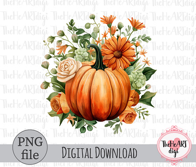 Floral Pumpkin Sublimation PNG, Autumn Flower Pumpkin PNG autumn autumn flowers autumn sublimation fall pumpkin floral pumpkin flower pumpkin flowers graphic design illustration png pumpkin sublimation sublimation sublimation png t shirt design watercolor painting watercolor png watercolor pumpkin