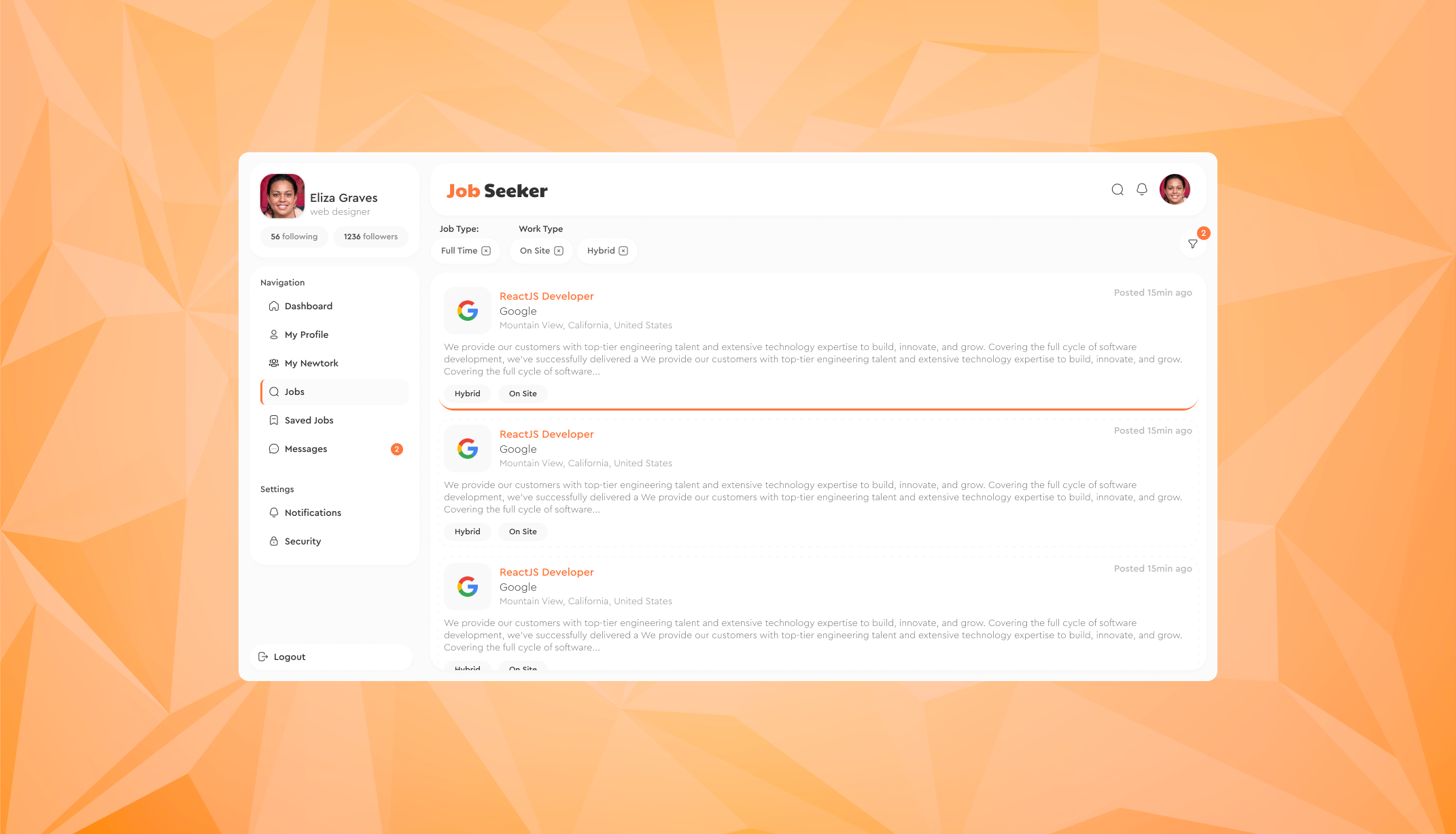 Job Seeker - Jobs Page clean jobs jobs finder jobs searching linkedin ui