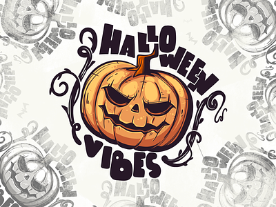 Halloween Vibes badge character halloween hand drawn holiday illustration ink logo noai pumpkin stamp treat trick vector vibes