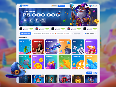 EzCash - Casino Home Page Redesign aviator banner casino casino banner casino games casino home page casino thumbnails crypto crypto casino fast games gambling game gaming giveaway illustration in house games online casino provably fair games slots sok studio
