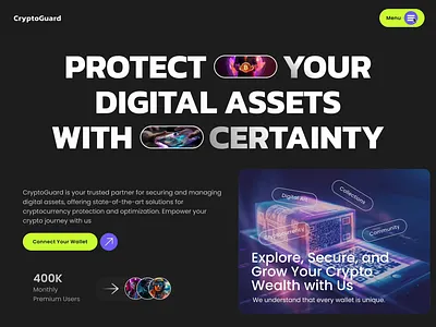CryptoGuard Website - Falling Menu Animation animation crypto futuristic homepage interaction interactive landing page modern navigation nft ui ux