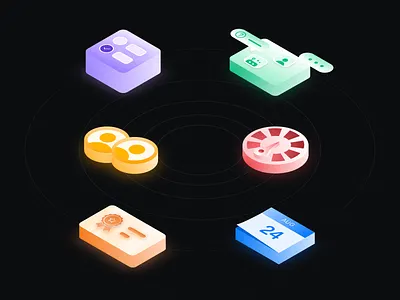 Isometric Thumbnails set 1:1 ai branding calendar certificate code ed tech graphic design icon set icons illustration isomteric meter mock interview performance quiz thumbnails ui