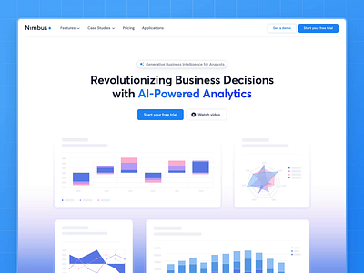 Nimbus - AI-Powered Business Analytics ai powered animation business analytics card design cta banner faq footer hero banner landing page navbar saas services testimonial ui website