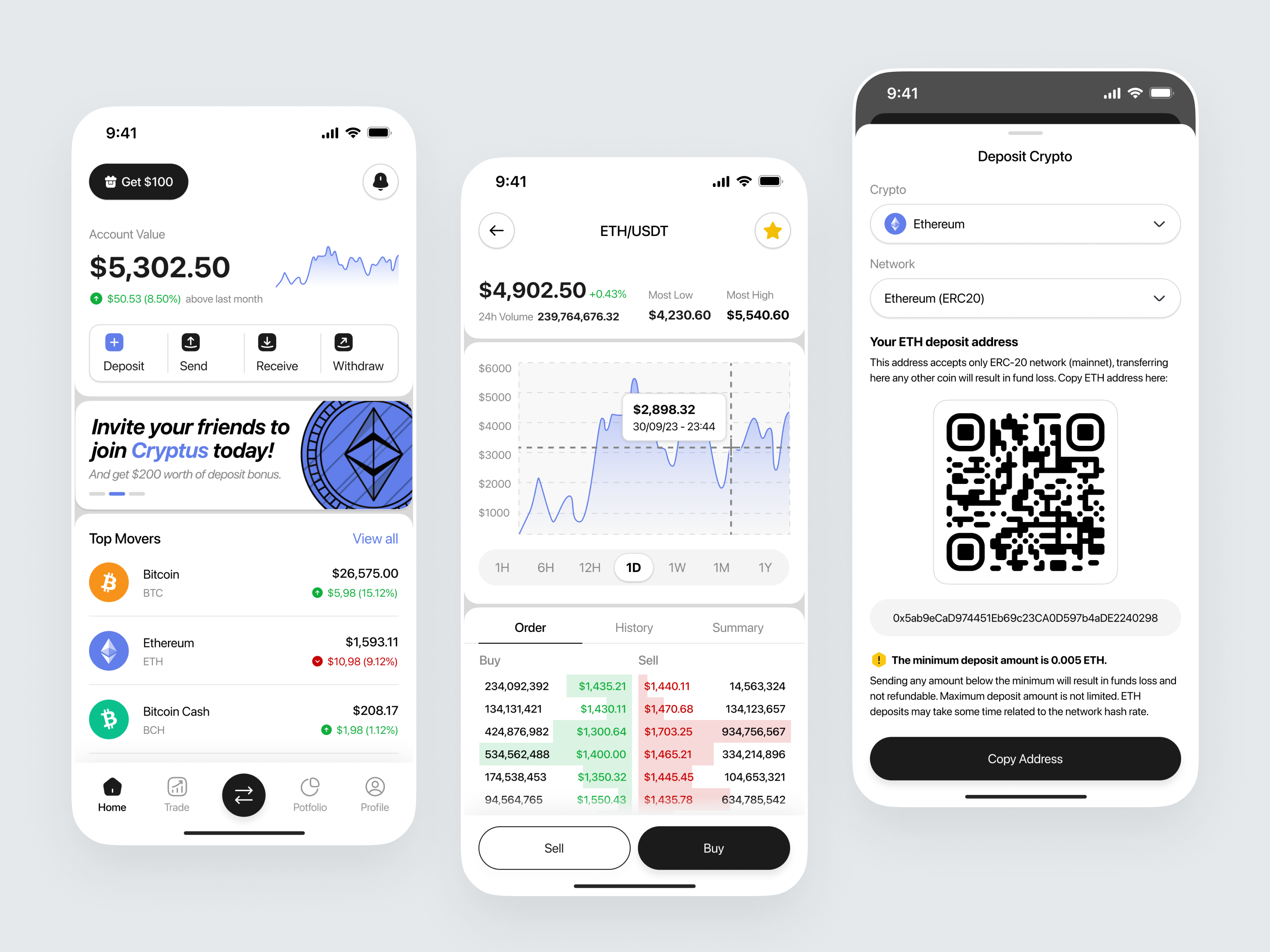 Cryptus - Crypto Trading Mobile App app bitcoin blockchain clean crypto crypto exchange crypto trading crypto wallet cryptocurrency design ethereum exchange finance mobile mobile app trade trading uiux ux web3