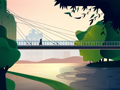 Bridge Landscape Illustration 2d bridge character design forest green illustration landscape nature park town trees vector view water