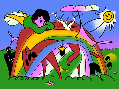 Random Dream 2d cartoon character day dog dream field flat illustration rainbow shape sun