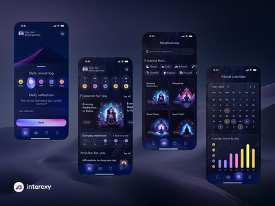 Mobile app for mental health | Design Concept ai app blacktheme branding calendar colorful gradient health healthcare healthtech meditations mentalhealth mobileapp pink productdesign ui userexpierence ux violet wellness