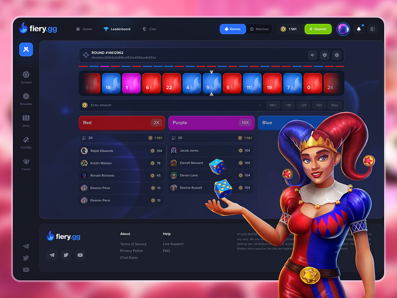 Fiery GG - Roblox Casino | Roulette Game arlekin casino casino game classic crypto crypto casino double gambling game game dashboard gaming igaming illustration online casino provably fair roblox roblox casino roulette sok studio white label