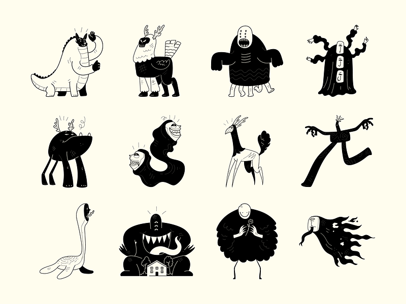 Halloween Monsters Illustrations black and white character creatures cute editable halloween icons illustration illustrations landing page illustrations minimal monster mythical outlie scary semi solid stock illustrations svg vector web illustrations