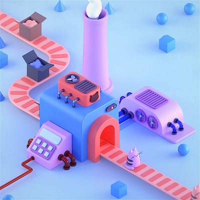 Cat factory 3d 3d animation animation cats cinema 4d cute factory funny isometric isometric factory motion graphics
