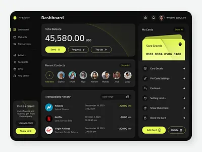 Finance Dashboard account app balance branding cards concept dark theme dashboard dashboard cards design finance finance dashboard fintech gift graphic design profile transaction ui ux yellow