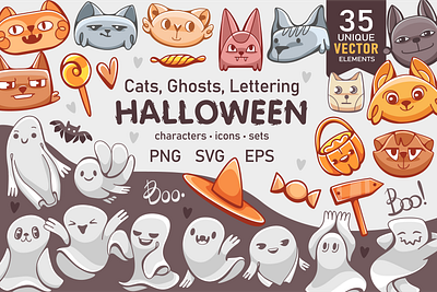 Halloween Cute Cartoon Set | Cat, Ghost, Lettering branding character clip art creative market creepy cute doodle download font funny graphic graphic design halloween icons personage scrapbook elements simple spooky typography vector