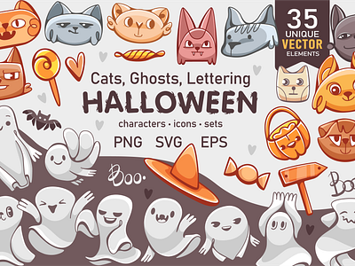 Halloween Cute Cartoon Set | Cat, Ghost, Lettering branding character clip art creative market creepy cute doodle download font funny graphic graphic design halloween icons personage scrapbook elements simple spooky typography vector