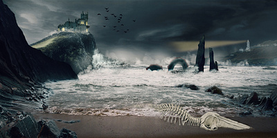 Photoart adobe photoshop bone castle design illustration lighthouse monster ocean rocks skeleton vector