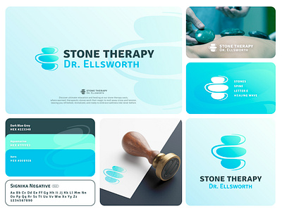 stone therapy logo design alternative medicine aquamarine blue chiropractic chiropractor doctor gradient healing healing stones medical signika negative stamp stone therapy stones teal turquoise