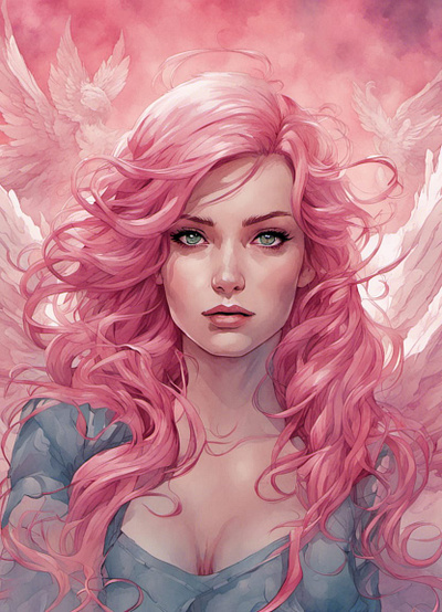 Watercolor Style Young lady Angels pink Hair